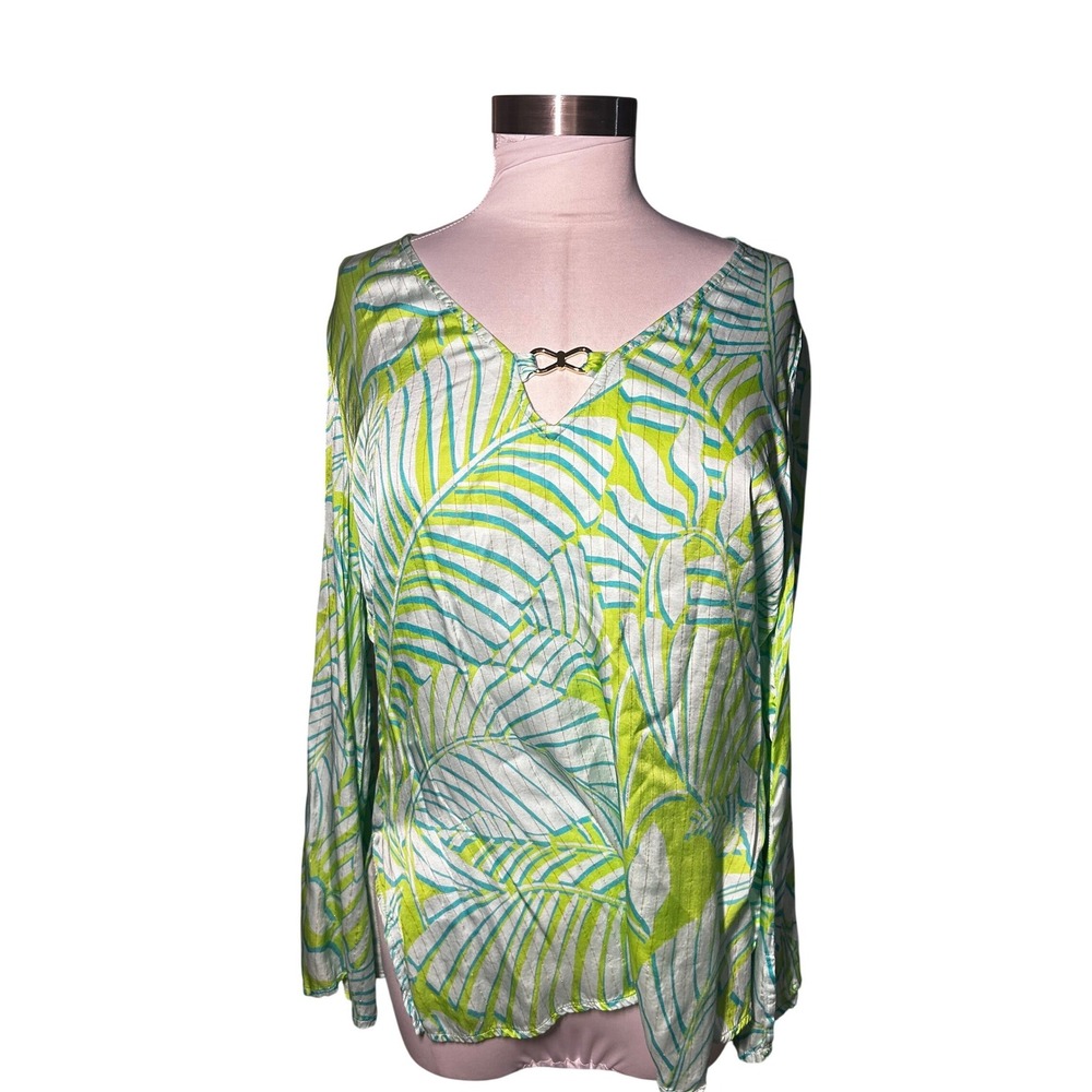 Boston Proper Tropical Palm Leaf Metallic Stripe V-Neck Blouse Green Blue M - Picture 1 of 8